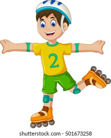 funny boy cartoon plying roller skates 