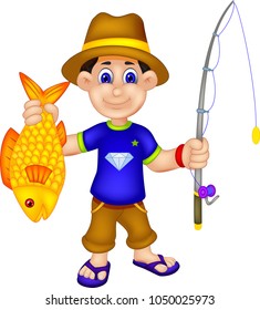 funny boy cartoon standing with smile and bring fish