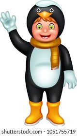 funny boy cartoon standing using penguin costume with smile