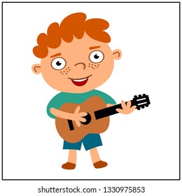 Funny boy in cartoon style playing guitar isolated on white background.