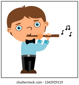 Funny boy in cartoon style playing flute isolated on white background.