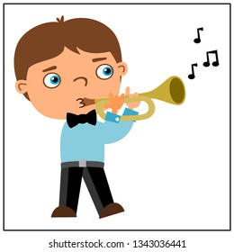 Funny boy in cartoon style playing trumpet isolated on white background.