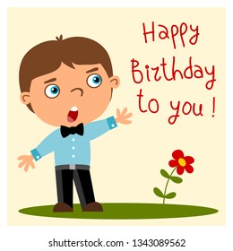 Funny boy in cartoon style sings the song Happy birthday to you!