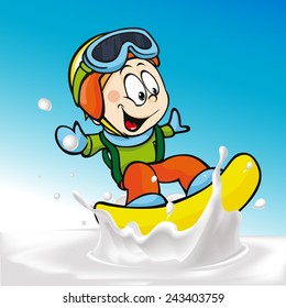 funny boy cartoon surfing on milk splashing wave - vector illustration