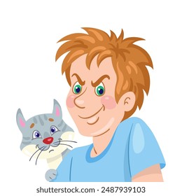 Funny boy with a cat. Portrait in cartoon style. Isolated on white background.Vector flat illustration.