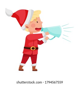 Funny Boy Character Dressed in Santa Claus Costume Talking Megaphone or Loudspeaker Vector Illustration