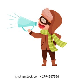 Funny Boy Character Dressed in Winter Clothing Talking Megaphone or Loudspeaker Vector Illustration