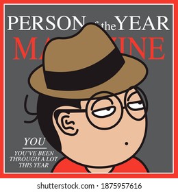 Funny Boy Character With Exhausted Face Named Person Of The Year By Magazine Concept Card Character illustration