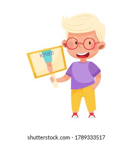 Funny Boy Character Holding Flashcard with Knee Image Vector Illustration