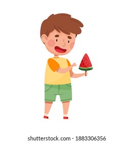 Funny Boy Character Holding Watermelon Popsickle or Fruit Ice Vector Illustration