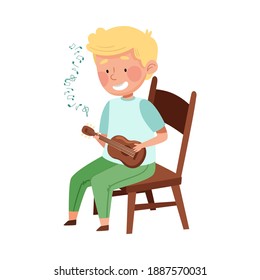 Funny Boy Character Playing Ukalele at Music Lesson Vector Illustration