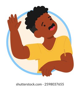 Funny boy child with friendly smile on face looking upward peeking out round frame waving hand showcasing welcome gesture vector illustration. Portrait of happy positive kid cartoon character