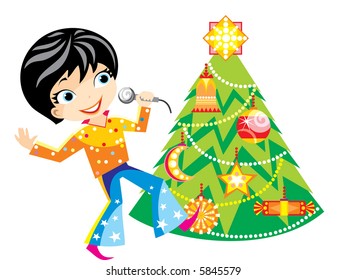 Funny boy with Christmas tree