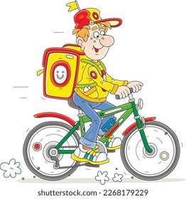 Funny boy courier riding a bike with a large backpack and delivering ordered goods to waiting customers, vector cartoon illustration isolated on a white background