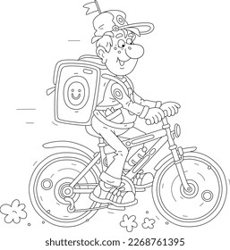 Funny boy courier riding a bike with a large backpack and delivering ordered goods to waiting customers, black and white outline vector cartoon illustration for a coloring book