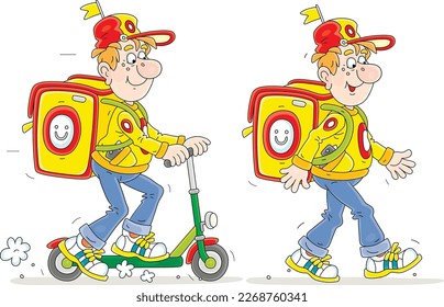 Funny boy courier riding a scooter and walking with a large backpack full of ordered goods for waiting customers, vector cartoon illustration isolated on a white background