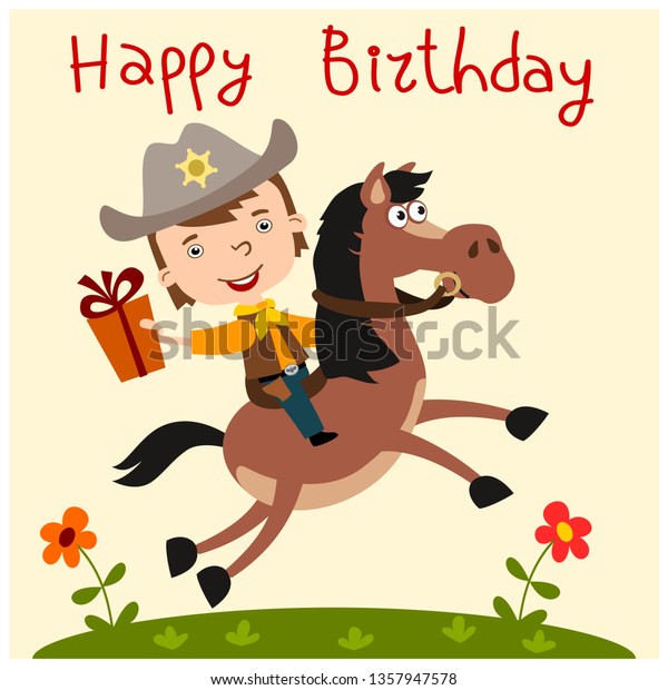 Funny boy in a cowboy costume riding a horse with a gift in hand - happy bi...