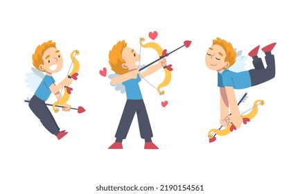 Funny Boy Cupid Character Flying with Wings Holding Bow and Arrow Vector Set