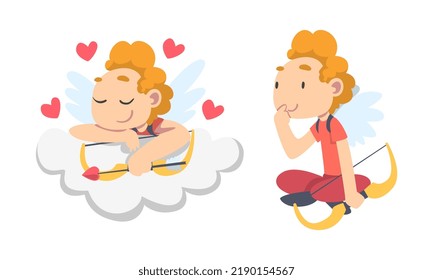Funny Boy Cupid Character Flying with Wings Holding Bow and Arrow Vector Set