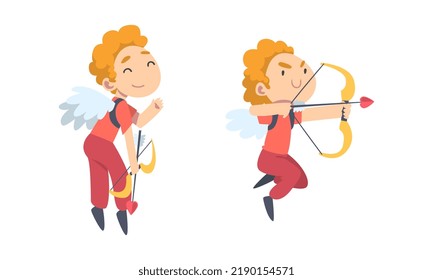 Funny Boy Cupid Character Flying with Wings Holding Bow and Arrow Vector Set