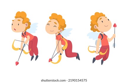 Funny Boy Cupid Character Flying with Wings Holding Bow and Arrow Vector Set