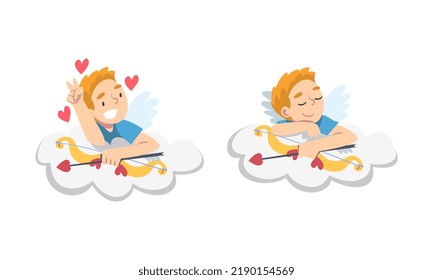 Funny Boy Cupid Character with Wings Holding Bow and Arrow Sitting on Cloud Vector Set