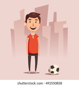 Funny boy, cute character. Vector cartoon illustration. Fotball ball. Happy person. Little sportsman. Fun game