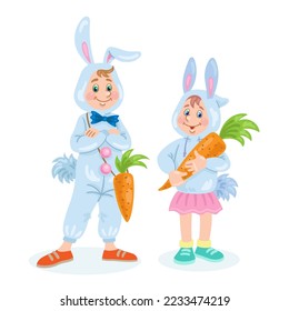 Niño gracioso y chica linda con trajes de conejo con zanahorias. Demanda para una fiesta escolar. Al estilo de las caricaturas. Aislado sobre fondo blanco. Ilustración vectorial.