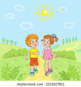 Funny boy and cute girl are walking along the road and talking. In cartoon style. Summer landscape background. Vector illustration