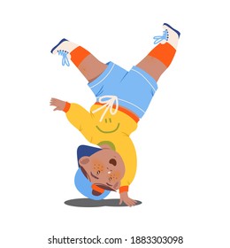 Funny Boy Dancing Hip Hop Doing Handstand and Moving to Music Vector Illustration