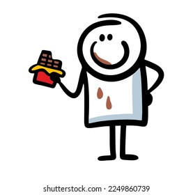 Funny boy in dirty clothes with sweet spots holding an open chocolate bar, eating.	Vector illustration of man with junk food.