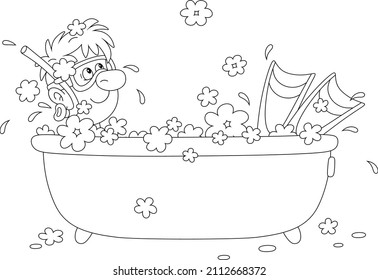 Funny boy diver with a mask, a snorkel and flippers dreaming in a bubble bath and planning his summer vacation, black and white outline vector cartoon illustration for a coloring book page