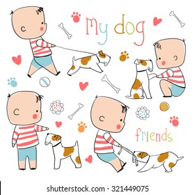 Funny boy and dog. Childish vector set in cartoon style.  Cute cartoon vector elements.