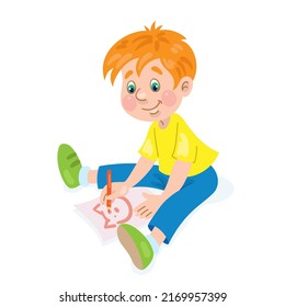Funny boy draws while sitting on the floor. In cartoon style. Isolated on white background. Vector illustration