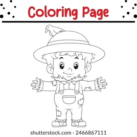 funny boy dressed ragged scarecrow Halloween costume coloring book page for children