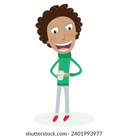 Funny boy drinking tea. Vector illustration.