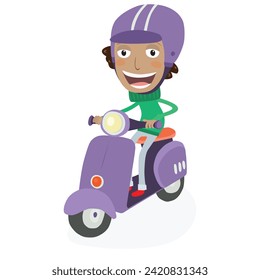 Funny boy driving a scooter. Vector Illustration.