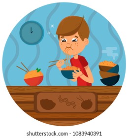 funny boy eating noodles outside vector illustration
