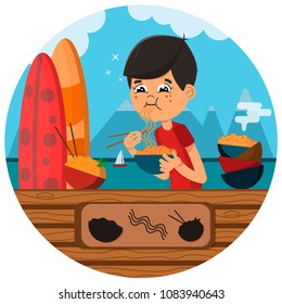 funny boy eating noodles outside vector illustration