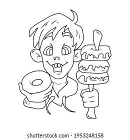 Funny boy eats .Vector design on an isolated background, for postcard banners.Sticker