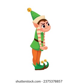 Funny Boy Elf Character with Pointed Ears Stand with Grumpy Face Vector Illustration