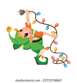 Funny Boy Elf Character with Pointed Ears Hang Light Garland Vector Illustration