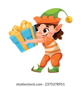 Funny Boy Elf Character with Wrapped Gift Box Vector Illustration