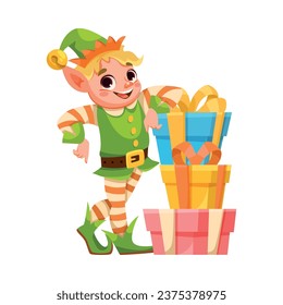 Funny Boy Elf Character with Wrapped Gift Box Vector Illustration
