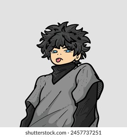 Funny boy with emo hair style hoodie sweater with Joking face pose on grey Background vector modern illustration