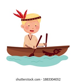 Funny Boy in Ethnic Indian Costume and Feathered Headdress Sailing Wooden Boat Vector Illustration