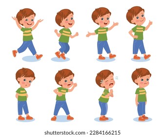 Funny boy expressions. Little hild with different emotions. Cheerful or upset teenager. Cartoon kids poses. Positive and negative states. Laughing and crying teen