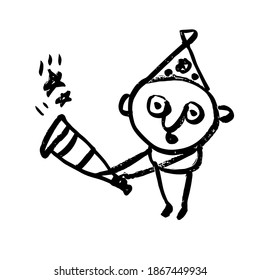 Funny boy in fancy dress with a firecracker. Happy birthday. Hand-drawn funny cartoon character. Black and white vector illustration.