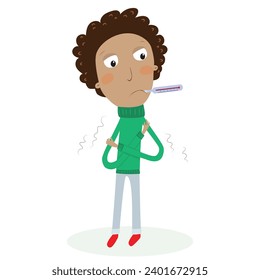 Funny boy with flu. Having a cold with thermometer in his mouth. Vector Illustration.