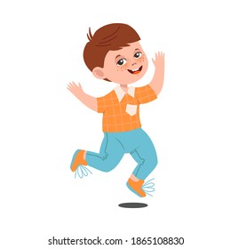 Funny Boy with Freckles Wearing Jeans Jumping with Joy and Excitement Vector Illustration